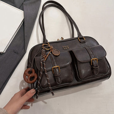 Women's Coffee Brown Multi-Pocket Handbag Shoulder Bag, Stylish Versatile Letter Crossbody Purse for Travel Work Shopping Dates