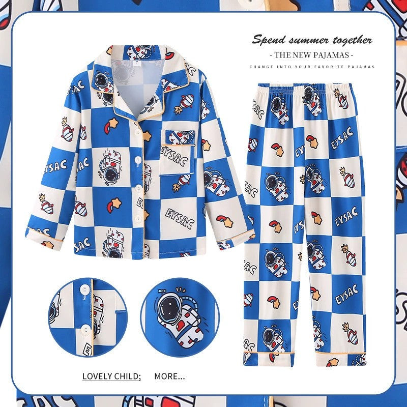 Space Theme Boys Pajama Sets Astronaut Long Sleeve Sleepwear with Galaxy Print Button Down Collar PJs for Kids Loungewear Outfit