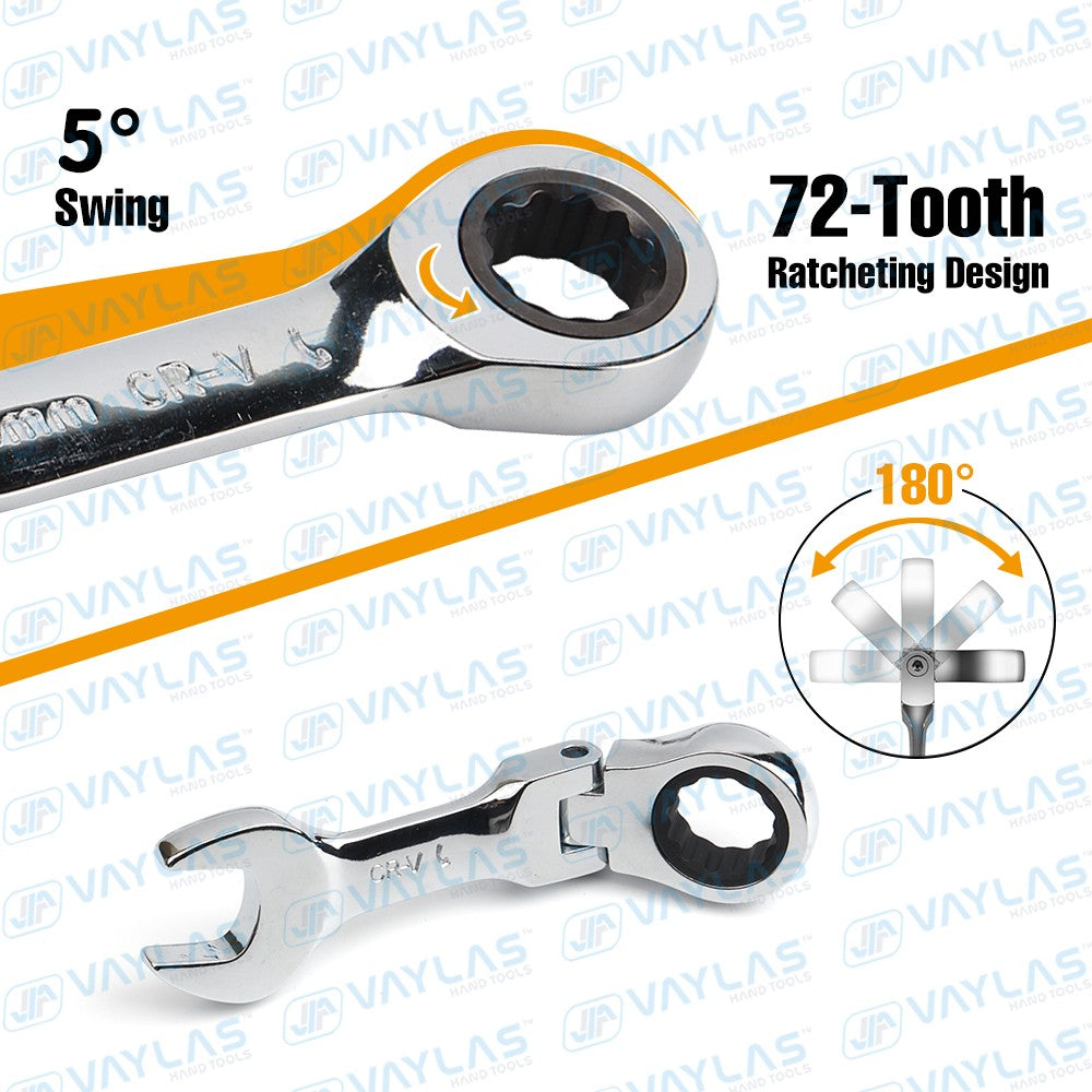 1 chave catraca mini 6-19mm, ferramenta de chave fixa ultracurta, chave catraca com cabeça flexível, chave combinada curta 72T Aço CR-V