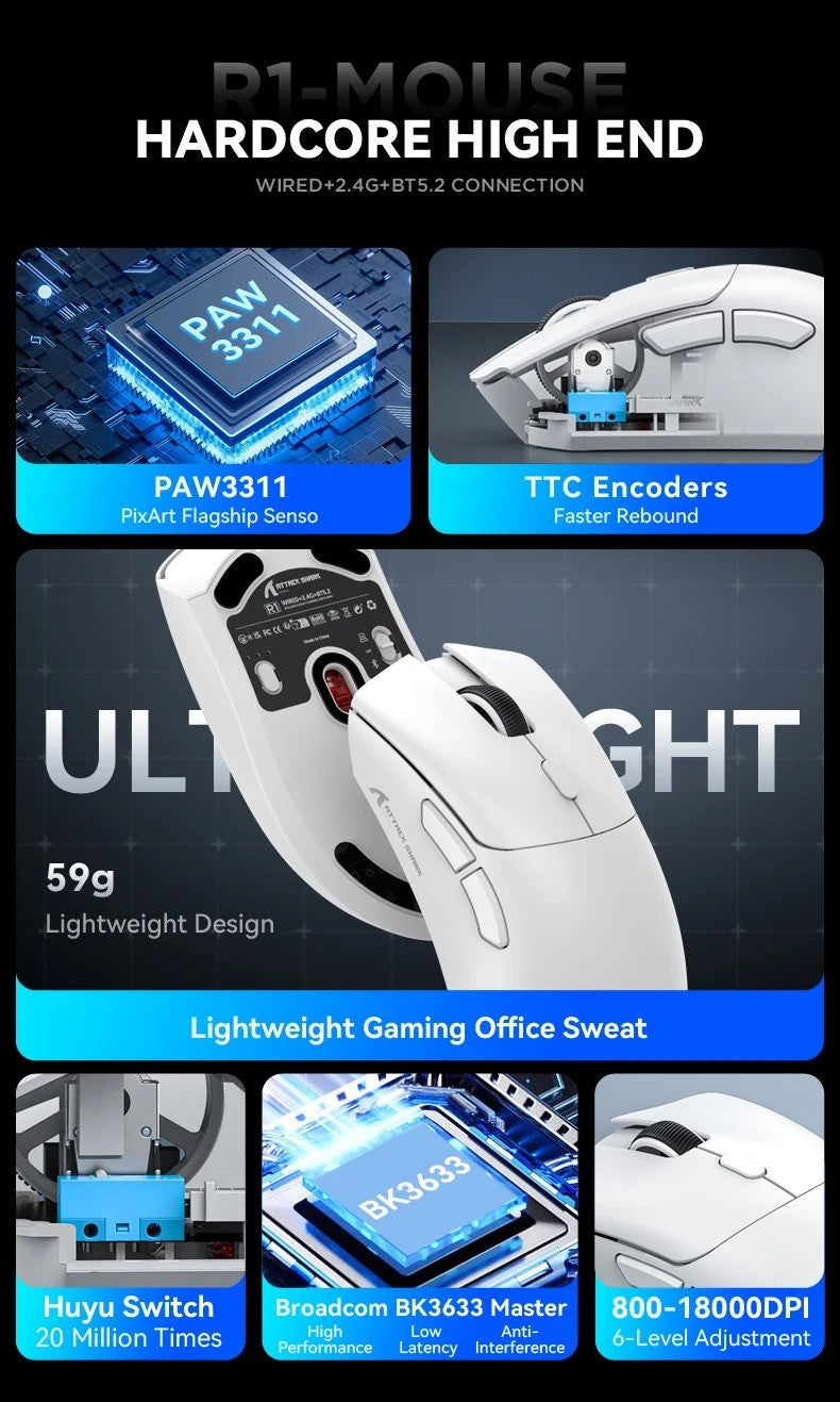 Mouse Bluetooth Attack Shark R1 e Grip Tape, Mouse Viral Avaliado por Influenciadores PAW3311 1K HZ Mouse Gamer com Macro para pad/pc
