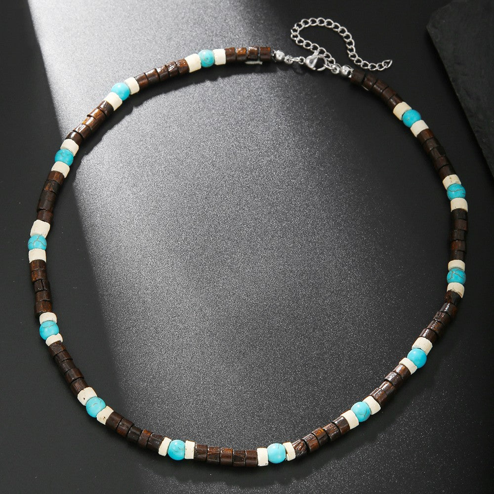 Colar Masculino Artesanal de Contas de Madeira e Argila Colar Fashion Vintage Africano de Contas Brancas para Homens Colar de Surfista de Praia Joias Tribais