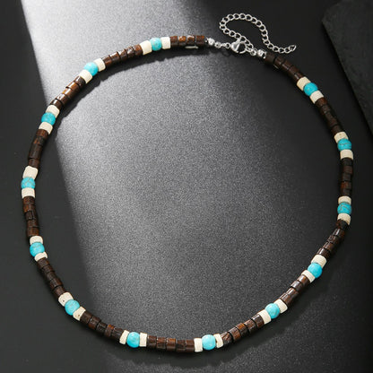 Colar Masculino Artesanal de Contas de Madeira e Argila Colar Fashion Vintage Africano de Contas Brancas para Homens Colar de Surfista de Praia Joias Tribais