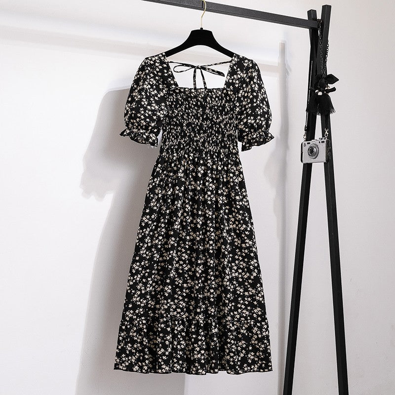 Summer Pleated Women Chiffon Dresses Casual Beach Holiday Short Sleeve Square Co
