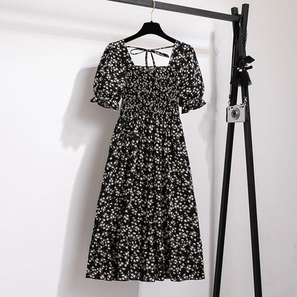 Summer Pleated Women Chiffon Dresses Casual Beach Holiday Short Sleeve Square Co