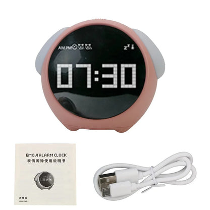 Cute Digital Emoji Alarm Clock with 5Voices Snooze Function Date Temperature 12/24 Hours Clock with Voice Activated Night Light