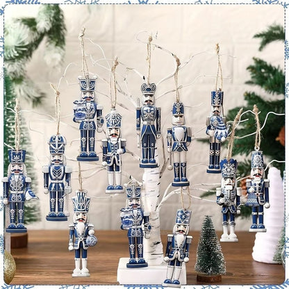 12/24/36PCS XMAS Wooden Nutcracker Soldier Pendant Blue 8CM Christmas Wooden Nutcracker European-Style Home Decoration