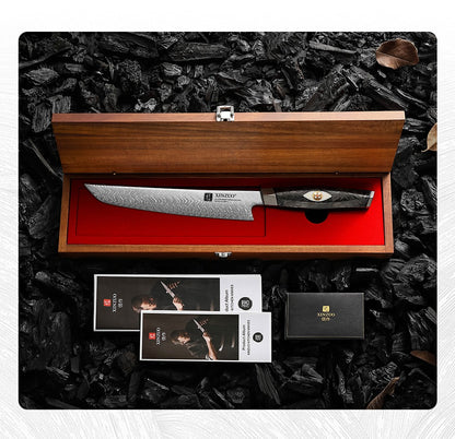 XINZUO 8.46-inch Damascus Carving Knife 145-layer M390 steel 60-62HRC carbon fiber handle 6.0-8.0N sharpness rust-resistant