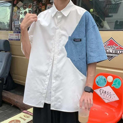 2025 Summer Streetwear Men Short Sleeve Irregular Patchwork Denim Shirt Male Tops Daily Casual Pocket Blouses Unisex Clothes