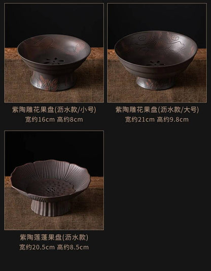 Qingxi Purple Pottery Tea Pastry Plate Handmade High Foot Dried Fruit Snack Large Integrated Drain Dessert Candy Dish Gift