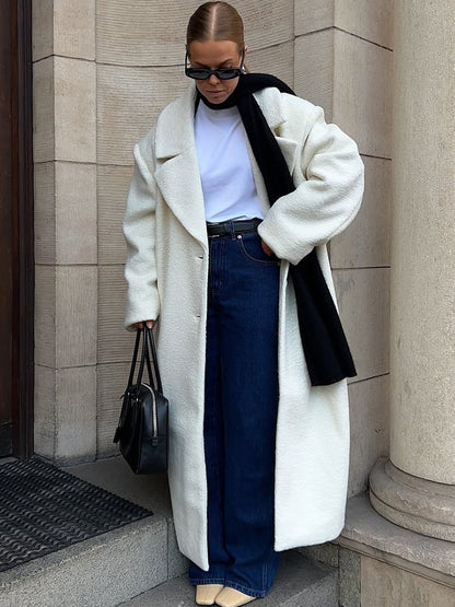 Elegant White Lapel Woolen Long Coat Women Fashion Full Sleeve Single-breasted Warm Loose Coats Lady Winter Commute Street Wear