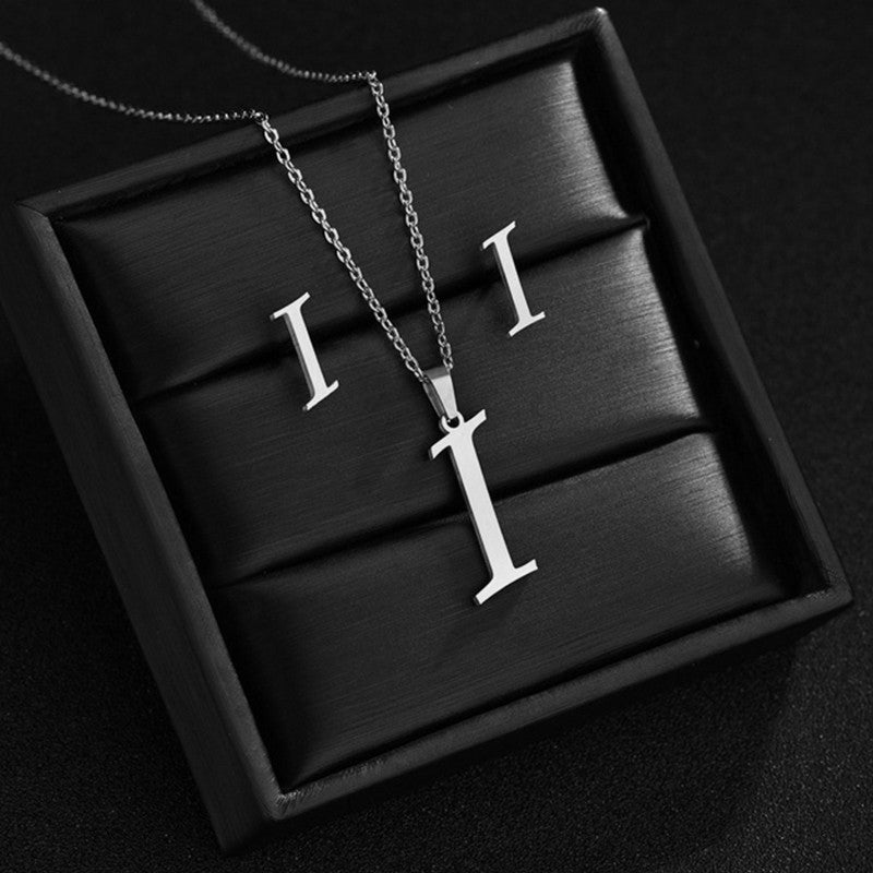 Conjunto Feminino de Colar e Brincos de Aço Inoxidável com Letra Inicial do Alfabeto A-Z - Joias Personalizadas de 26 Letras Inglesas - Presente