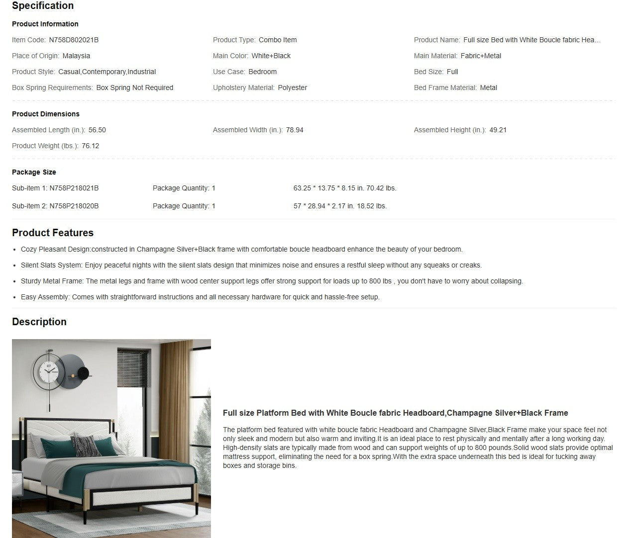 New Title: "Full Size Bed with White Boucle Fabric Headboard, Champagne Silver & Black Frame - Modern Design