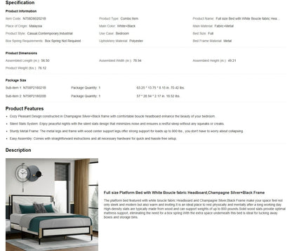 New Title: "Full Size Bed with White Boucle Fabric Headboard, Champagne Silver & Black Frame - Modern Design
