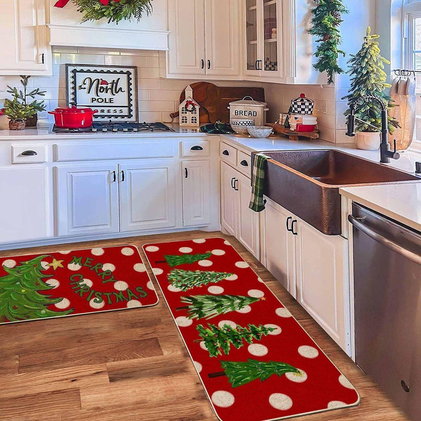 VIKAMA 2-Piece Christmas Festival Rug Set Kitchen Mat Combo, Entrance Hall Doormat Stain-Resistant and Easy-Care Home Decor