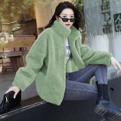Elegant Autumn WInter Solid Jacket Fashion Long Sleeve Fleece Warm Stand Collar Plush Thick Coats Casual Office Lady Zip Outwear