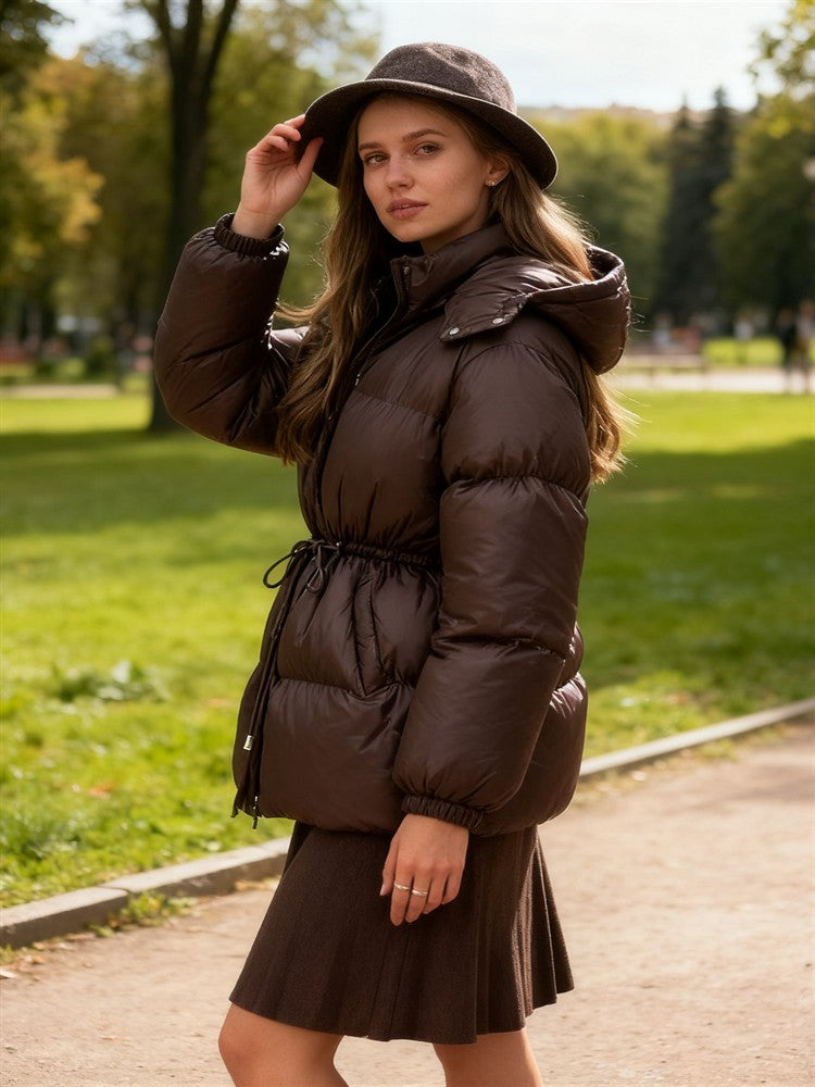 Glossy Shiny Women 's Down Jackets Vintage Hooded Zipper Puffer Full Sleeve Jackets For Woman 2025 Woman Winter Coats Outwears