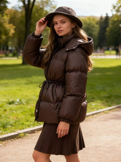 Glossy Shiny Women 's Down Jackets Vintage Hooded Zipper Puffer Full Sleeve Jackets For Woman 2025 Woman Winter Coats Outwears