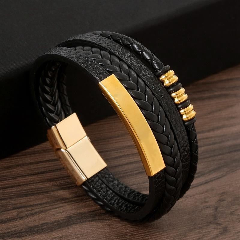 Pulseira de Couro Masculina Punk com Fecho Magnético de Aço Inoxidável Trançado em Camadas Envoltório de Couro Pulseiras Presente Joias Masculinas