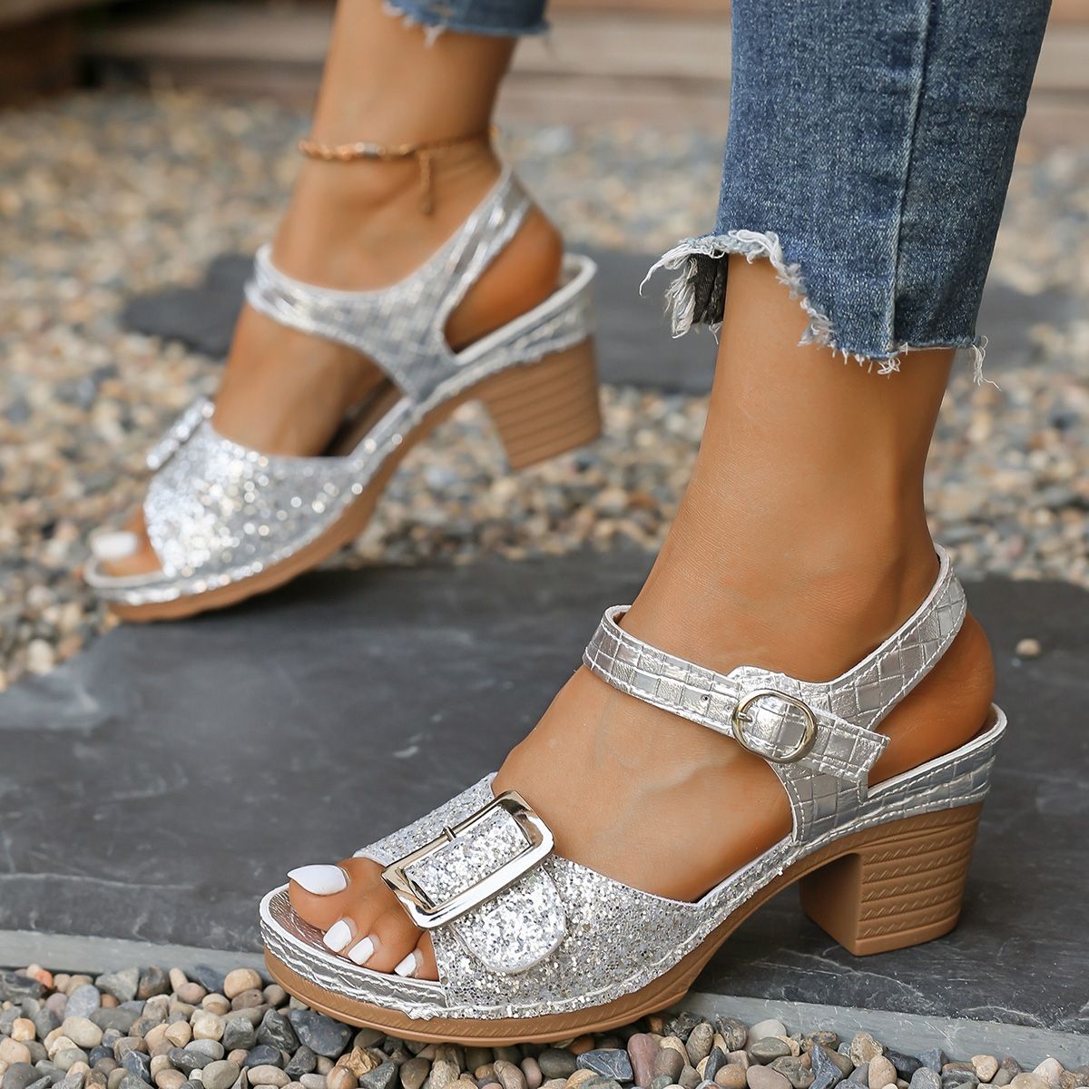 Women's Shiny Sequin High Heels Sandals Summer Ankle Buckle Beach Sandals Casual Woman Plus Size 43 Women's Shoes