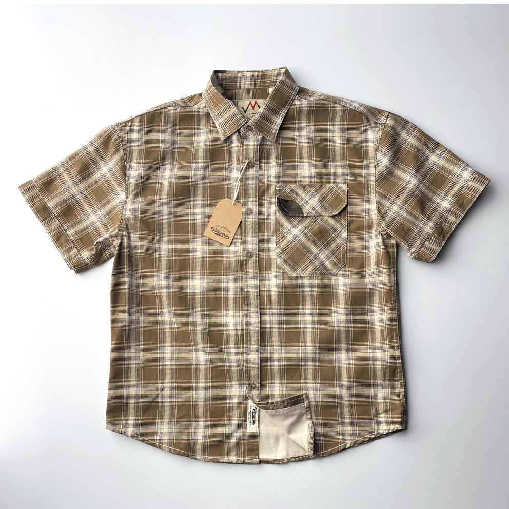 2025 Summer New American Retro Short Sleeve Lapel Plaid Cargo Shirt Men's Simple 100% Cotton Washed Single Pocket Casual Blouses