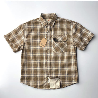 2025 Summer New American Retro Short Sleeve Lapel Plaid Cargo Shirt Men's Simple 100% Cotton Washed Single Pocket Casual Blouses