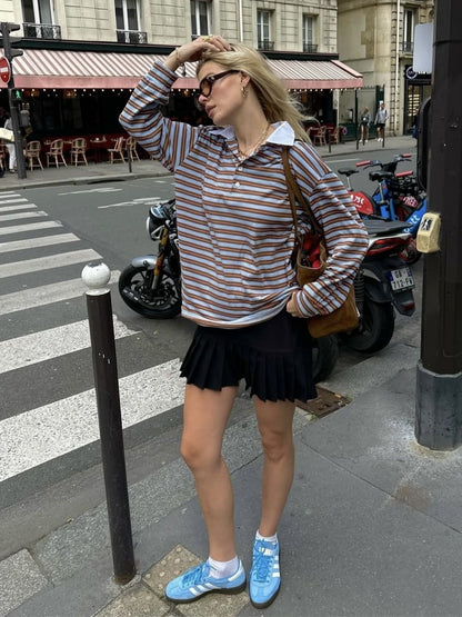 Autumn New Striped Loose Polo Collar Women Tops Fashion Vintage Patchwork Long Sleeve T Shirt Streetwear Women Basic Tops