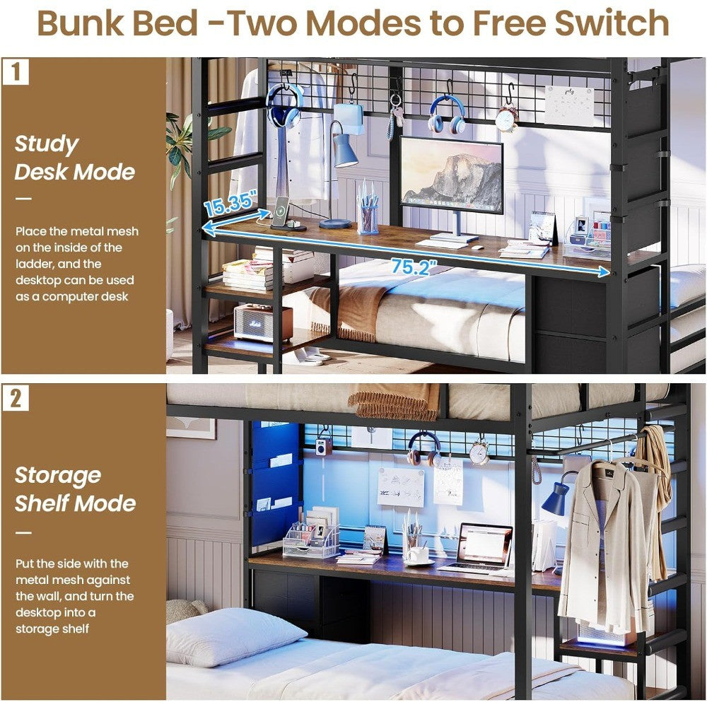 Full Size Over Twin Bunk Bed with Desk and Charging Station Metal Loft Bed with Led Lights & Storage Shelves