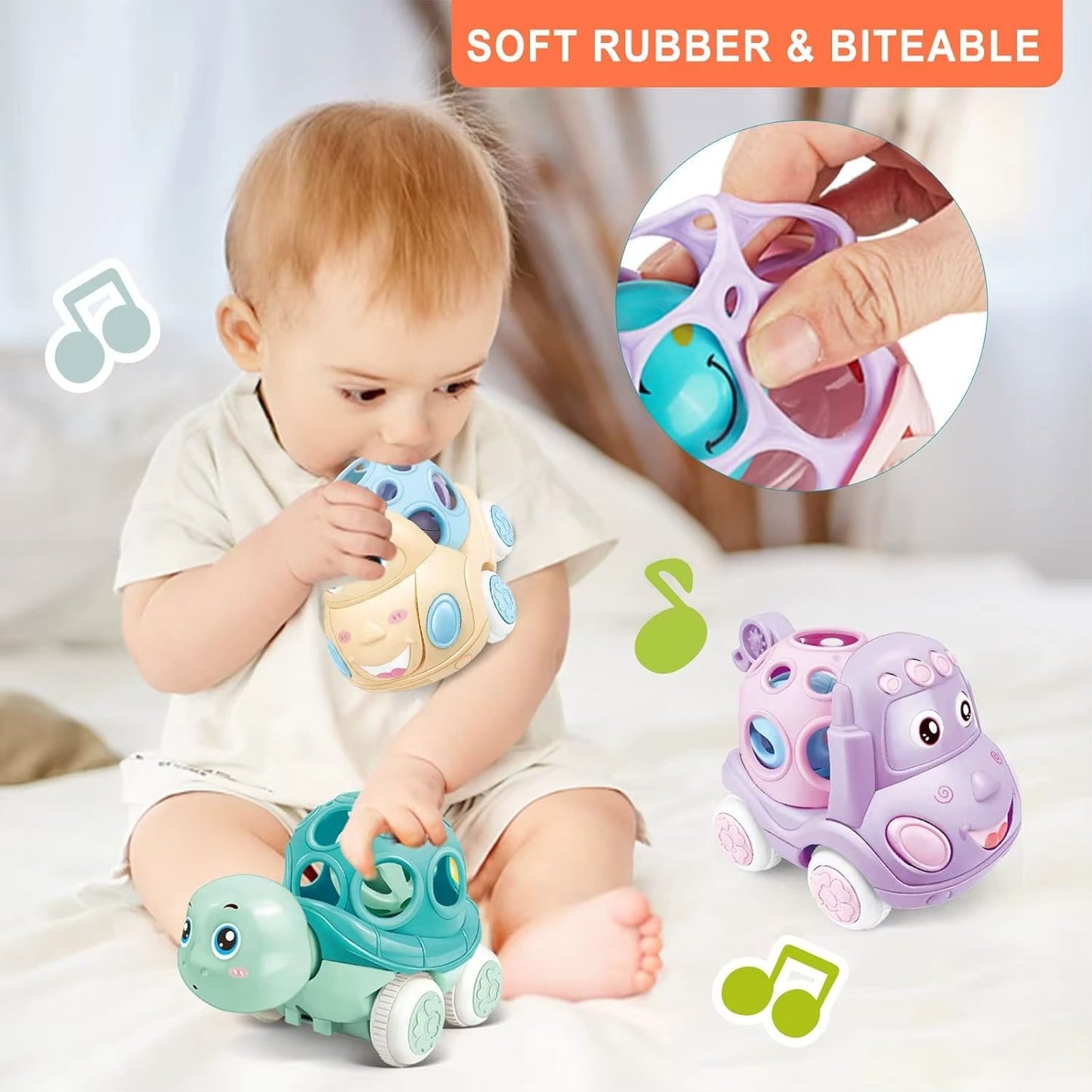 Baby Toy Car Rattle - Press & Go Friction Powered Truck, Soft Rolling Cars for Toddlers 1-3 Perfect Birthday Gift for Girls Boys