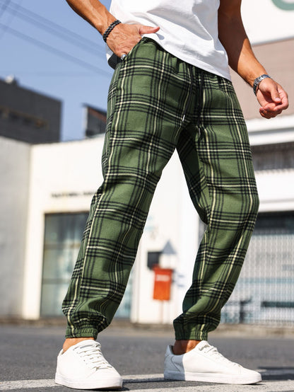 Calças Masculinas Xadrez com Punho Calças de Pijama Confortáveis para Estilo Relaxado