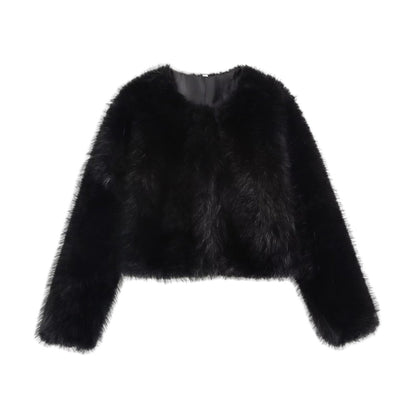 Women's Thick Warm Faux Fur Cropped Jacket, O Neck, Long Sleeve, Female Outerwear, Chic Tops, Fashion
