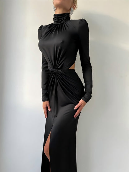 Mozision Turtleneck Backless Sexy Maxi Dress Women Gown Autumn Winter Elegant Long Sleeve Thigh High Split Club Party Long Dress