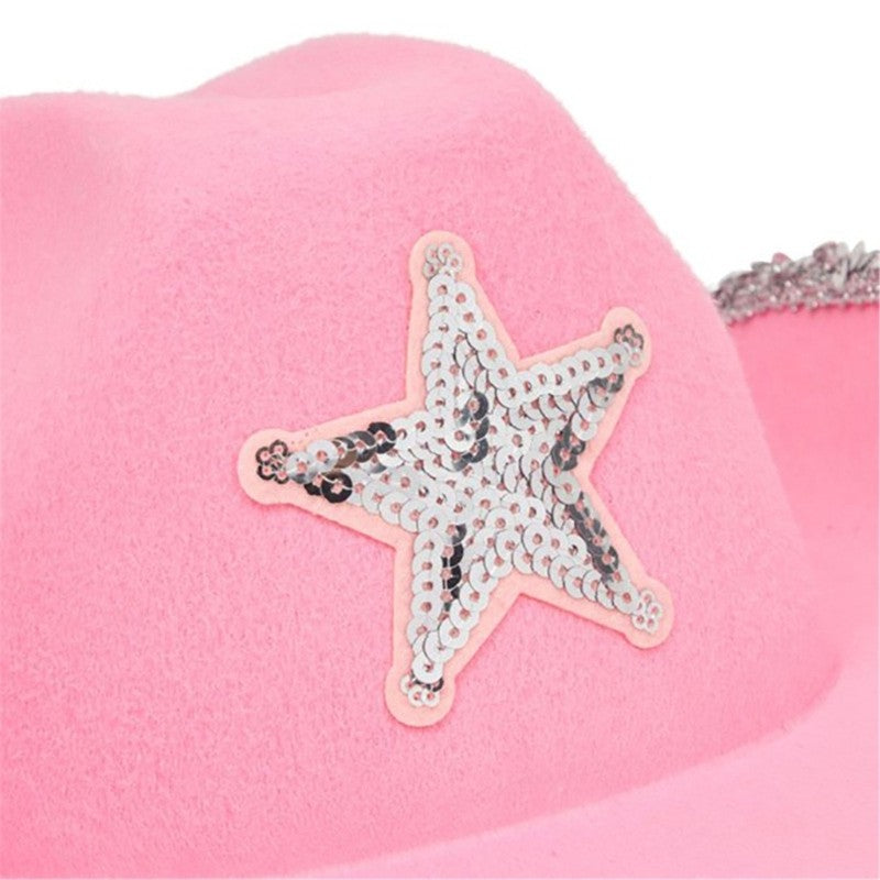 Pink Cowgirl Hat with Sparkling Sequins Trim for Halloween Dress Up Cosplay Party Supplies Costume Accessories