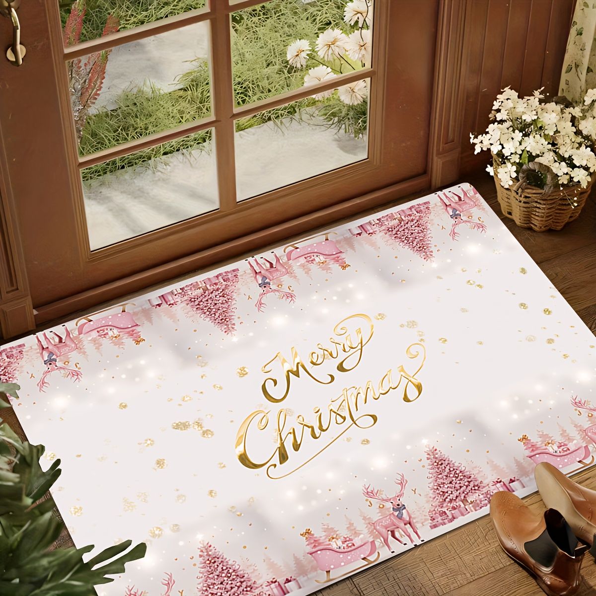 VIKAMA Pink Minimalist Christmas-themed Rug Bedroom, Living Room, Hallway Entrance Mat Soft Comfortable Floor Mat Home Decor