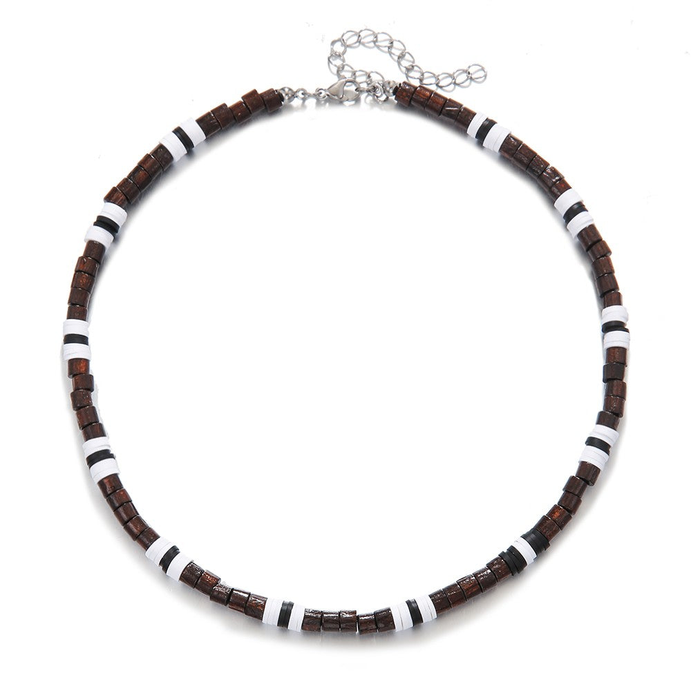 Colar Masculino Artesanal de Contas de Madeira e Argila Colar Fashion Vintage Africano de Contas Brancas para Homens Colar de Surfista de Praia Joias Tribais