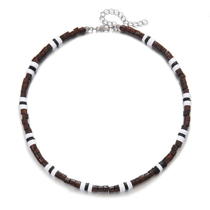 Colar Masculino Artesanal de Contas de Madeira e Argila Colar Fashion Vintage Africano de Contas Brancas para Homens Colar de Surfista de Praia Joias Tribais