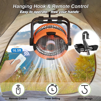 Camping Fan 20000mAh Rechargeable Portable Outdoor Camping Fan Air Circulators Wireless Tent Ceiling Fans with Hook and Light