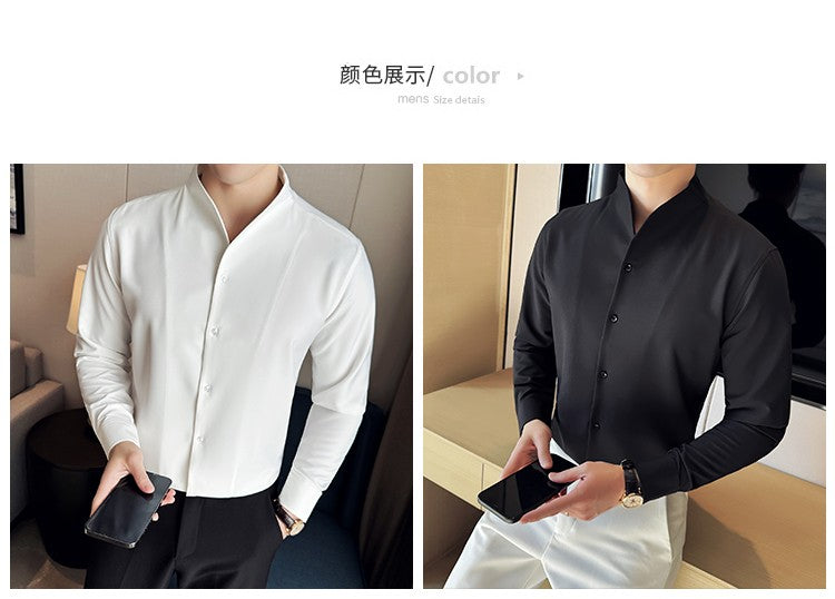Advanced Sexy V-neck Men's Long Sleeved Shirt Designer Stand Up Collar Shirt Business Social Slim Fit Black and White Top