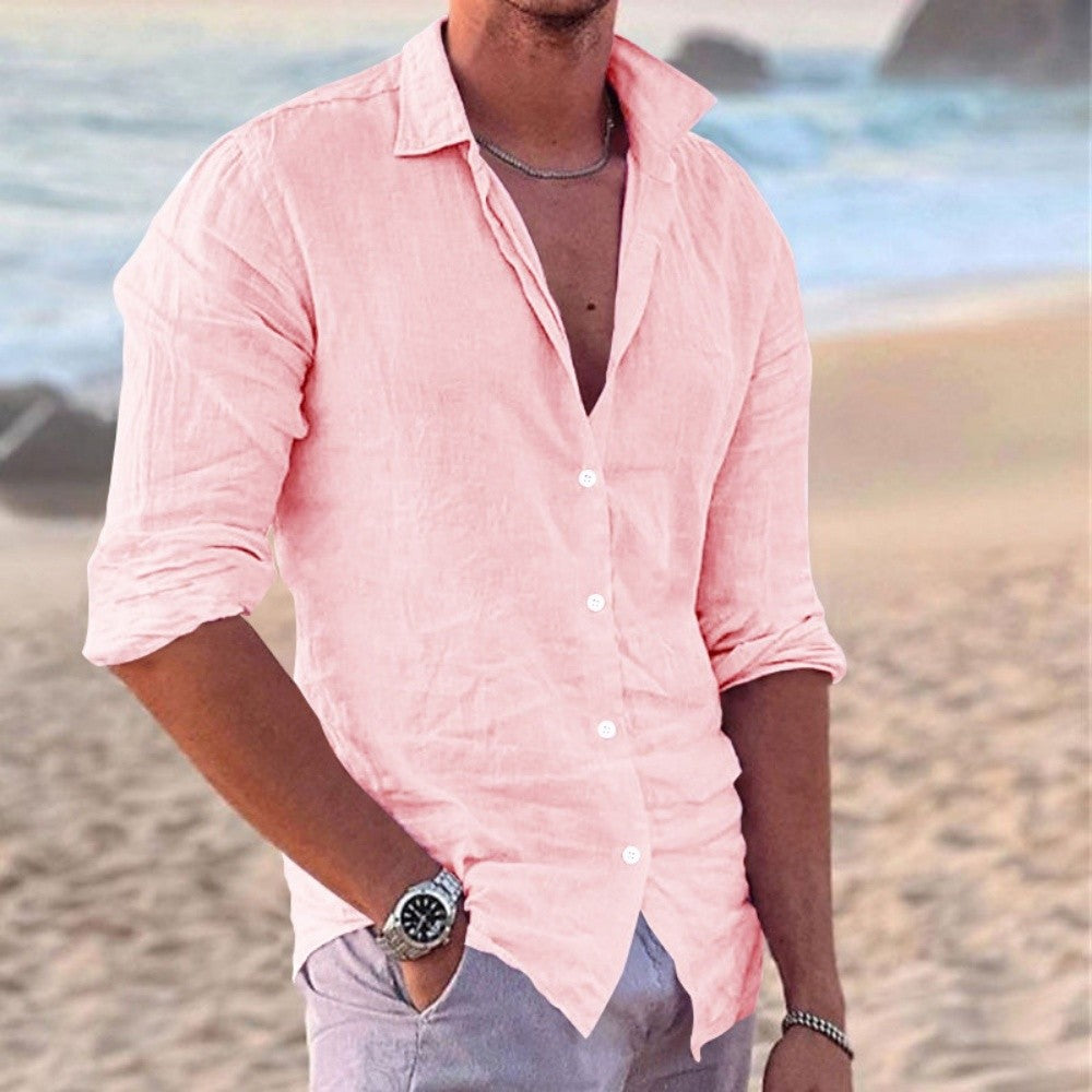 New Men's Shirt Cotton linen Fashion Casual Polo Neck Beach Shirt Long Sleeve Solid Hawaiian Holiday Shirts