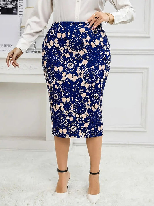 GIBSIE Plus Size Women's Vintage Print Bodycon Midi Skirts Ladies Elegant High Waist Slim Knee Length Office Casual Pencil Skirt