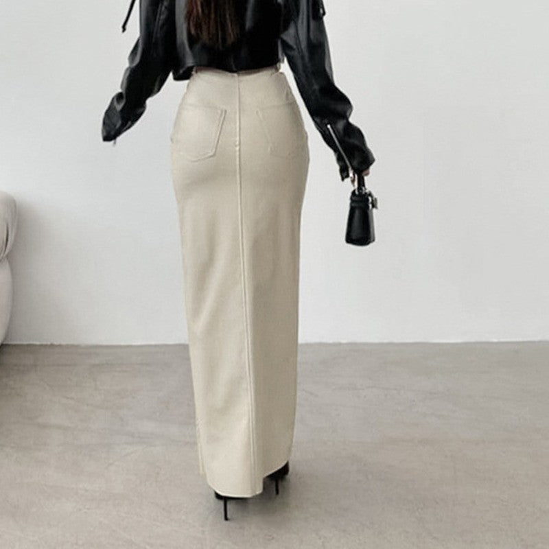 Women's Split Design Solid Color High Waist Pu Leather Skirt 2025 Spring Fall Office Lady Trendy Streetwear Long Skirts