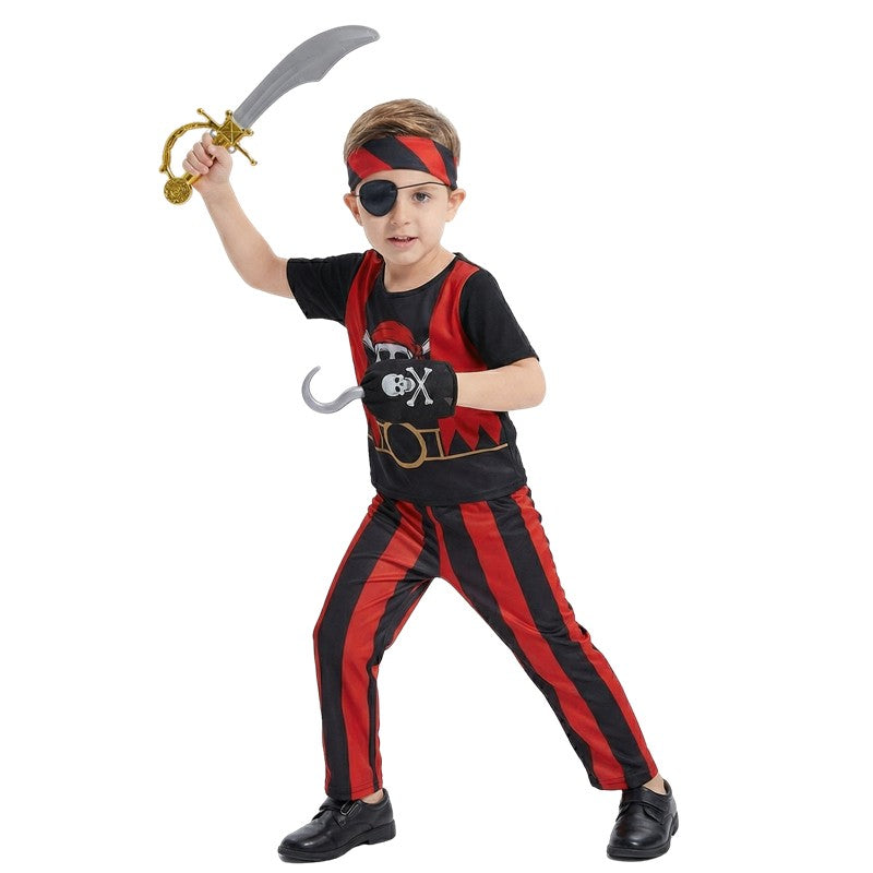 10PC Boys Pirate Costume Set with Skull Print Striped Shirt Pants Halloween Cosplay Outfit and Toy Gift Accessories