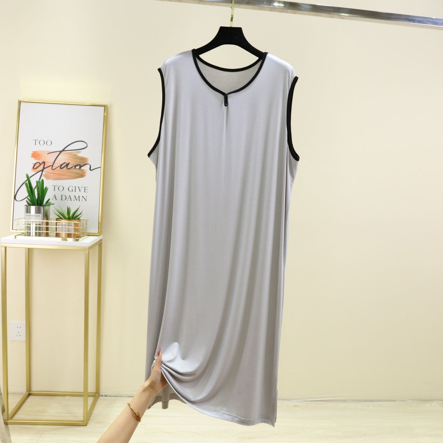 Modal Cotton Men Plus Size Pajamas Night Gown for Summer Solid Color Thin Sleeveless Medium Long Loose Button Vest Style Dress