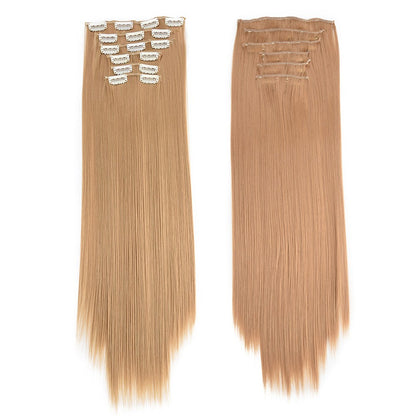 16 Presilhas em Extensões de Cabelo 60cm de Comprimento Liso Sintético Loiro Preto Peças de Cabelo Resistente ao Calor Cabelo Falso 6 Peças/Conjunto