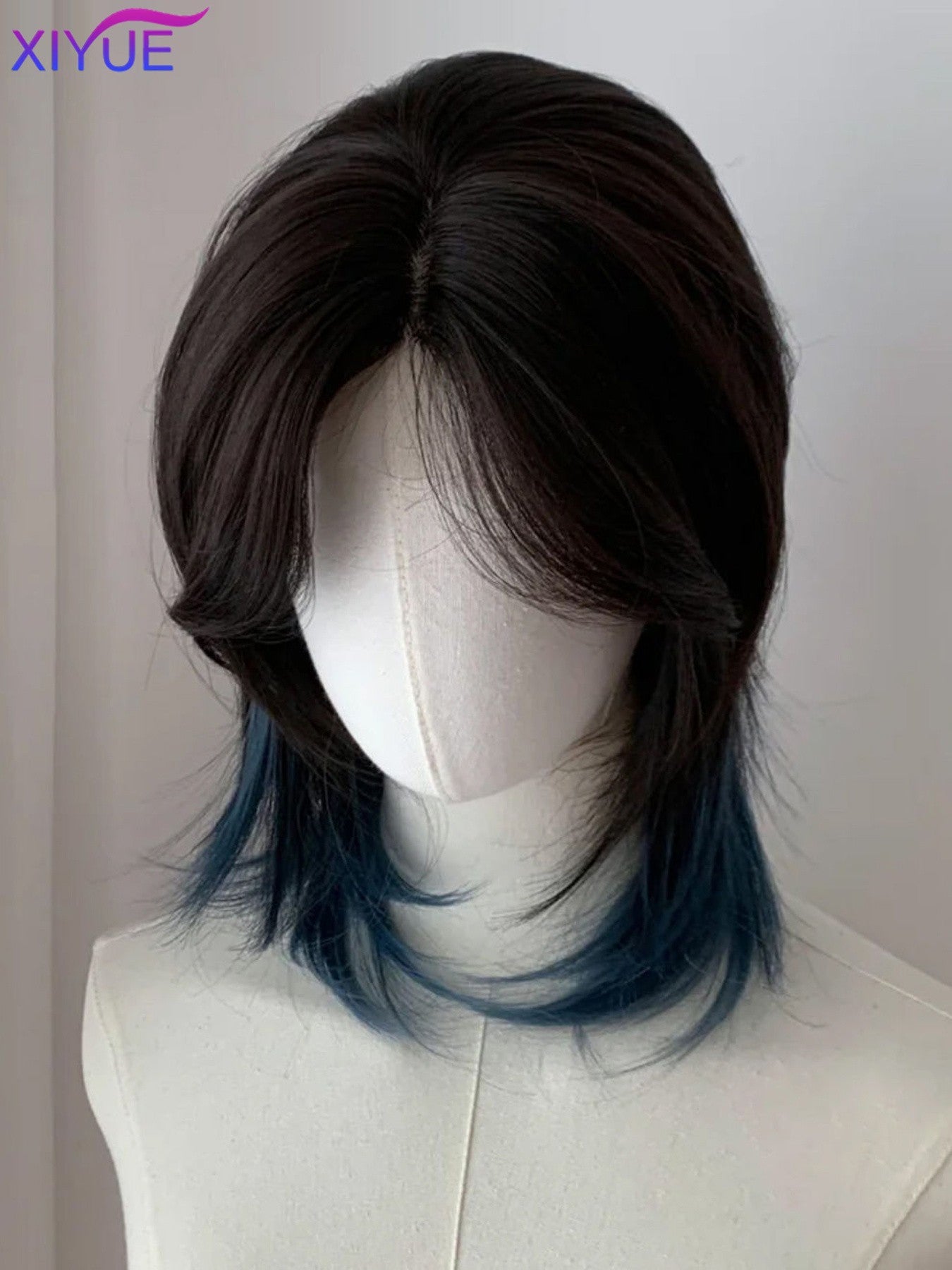 XIYUE synthetic Black And blue Mullet Head Wig Synthetic Straight Fluffy Natural Wolf Tail Hair for Daily Use Party Cosplay