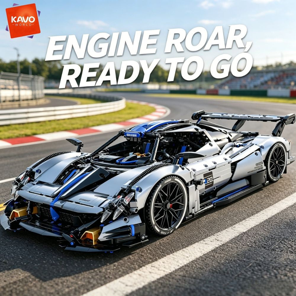 KAVOWORLD 1:8 Scale Silver-Blue Technical Super Racing Sports Car Building Blocks Set 3526pcs DIY STEM Assembly Premium ABS Racing Car Building Bricks Toy Model with Rear Linkage Engine & Track Wing, Ideal Birthday Christmas Gift for Teens Adults