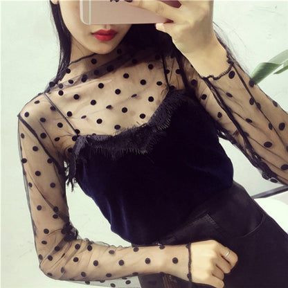 Women's Sexy Mesh Sheer Lace Blouses Perspective Long Sleeve Stand Collar Mesh Tops Striped Polka Dot Stars Party Tee Blouses