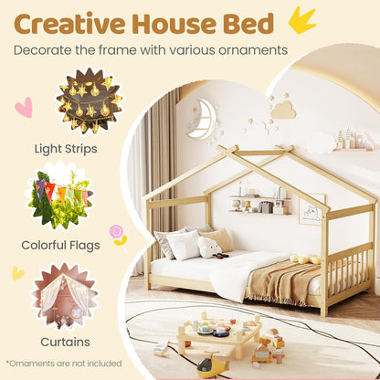Cama de chão "Twin" com cabeceira e peseira, estrutura de cama de madeira com telhado para meninos e meninas, sem necessidade de box spring,