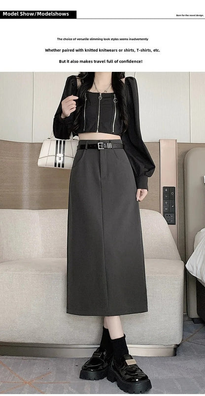 Grey High-waisted A- line Skirt Half Dress Petite Long Dress Autumn/winter For Women Side Slit Workwear
