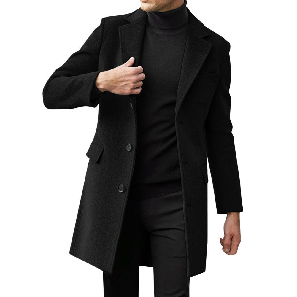 British Style Men Woolen Coat Flap Pockets Single breasted Elegant Men Trench Coat Mid length Long Winter Warm Overcoat