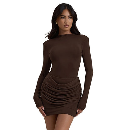 Lady Long Sleeve Ruched Sexy Mini Dress Women Autumn Winter New Elegant Solid High Waist Bodycon Club Party Dresses Female 2025